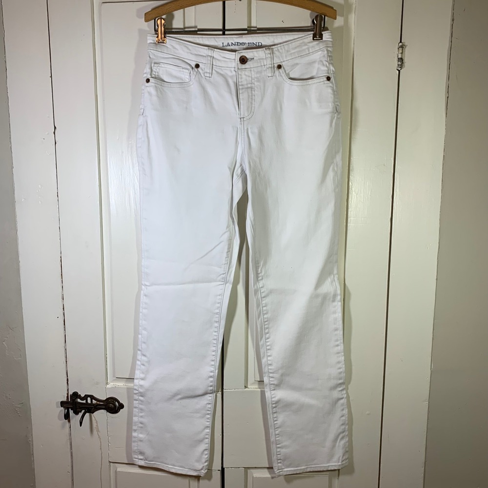 Lands End Womens Fit 2 Straight Leg White Denim Jeans Sz 4 Beach Coastal‎ Summer